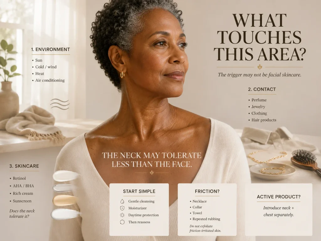 Luxury mature-skin education showing how sun, perfume, jewelry, clothing, hair products, retinol, acids, and sunscreen can influence the neck and décolleté.