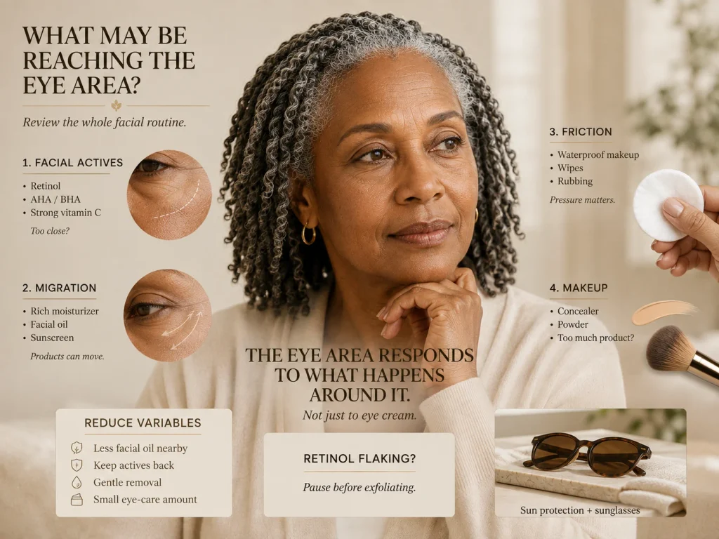 Mature-eye-area education showing how retinol, moisturizer or facial oil migration, sunscreen, makeup removal, and friction may contribute to dryness around the eyes.