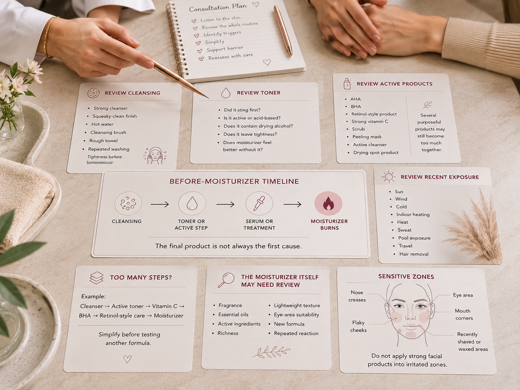 Skincare consultation guide reviewing cleansers, toners, active products, environmental triggers, and sensitive facial areas that may contribute to moisturizer burning.