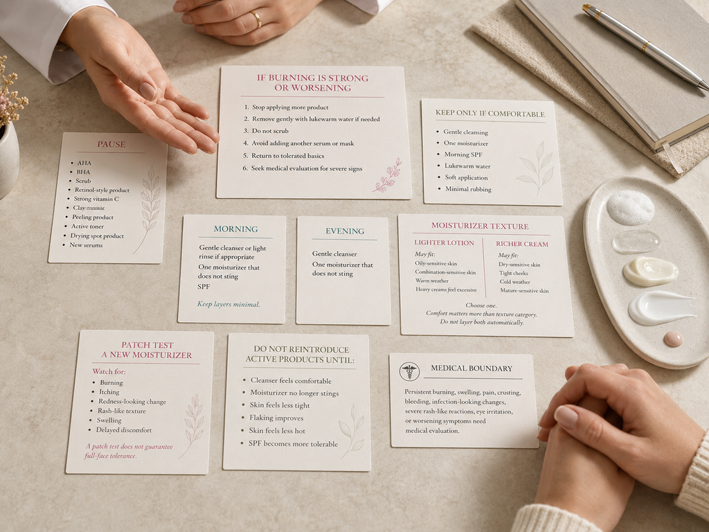 Sensitive skin reset guide showing how to pause strong actives, simplify the routine, patch test a new moisturizer, and choose a comfortable moisturizer texture.