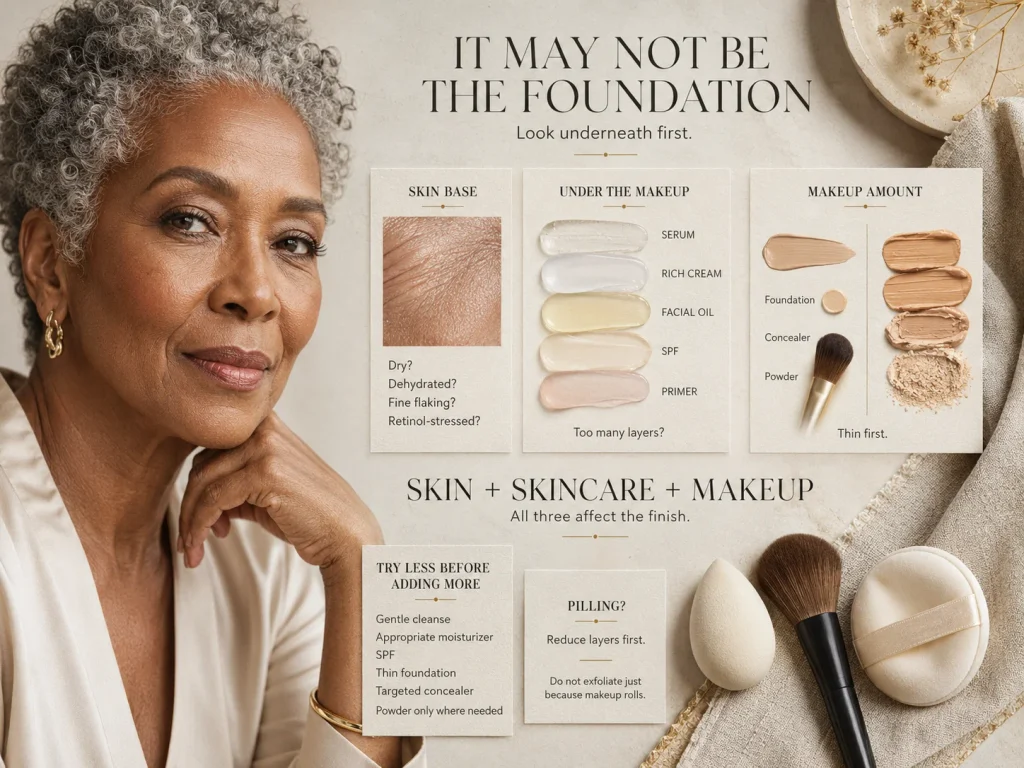 Luxury mature-skin makeup guide showing how skin dryness, excessive skincare layers, and heavy makeup application can all contribute to foundation settling into fine lines.
