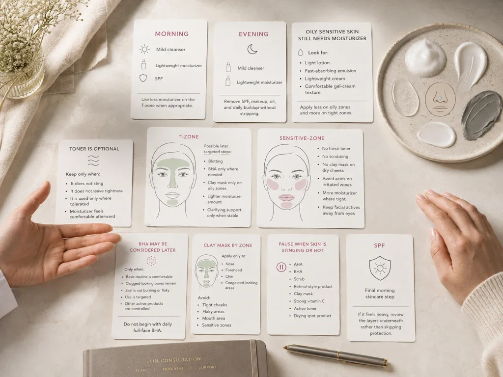 Zone-based oily-sensitive routine showing mild cleansing, lightweight moisturizer, final morning SPF, targeted T-zone BHA or clay-mask options, and active-product pauses.